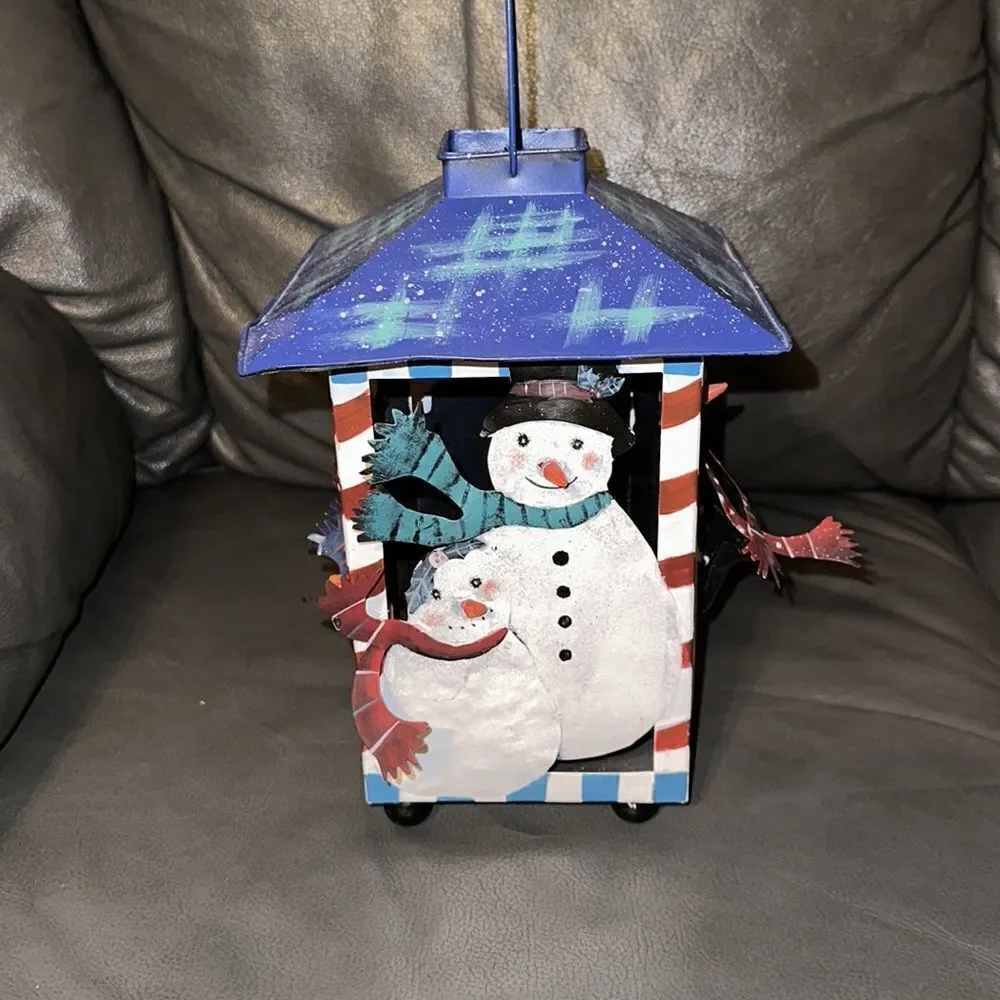 Tin Metal Snowman Candle Light Lantern Christmas Holiday Decor